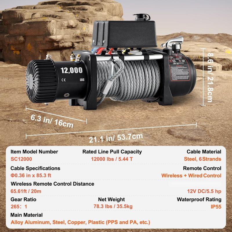 Heavy Duty Truck Winch 12000lbs Electric Winch With 85ft / 26m Steel Cable, 12V Power Winch For Jeep, UTV, ATV And Truck, Wireless Remote Control, High Torque Motor, Durable All Metal Gearbox And Marine Grade Construction