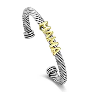 Mytys Mother's Day Gift Two Tone Twisted Cable Bracelet with MAMA for Women Adjustable Bangle Jewelry Stainless Steel Wrist Unique Stylish Fashionable