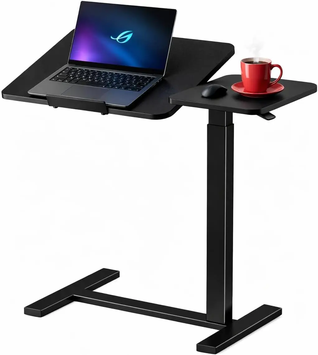 WSA Adjustable Standing Desk with Wheels Pneumatic Height Adjustable Rolling Laptop Desk Tiltable Mobile Computer Workstation Overbed Bedside Table for Home Office Sofa Couch & Hospital Bed