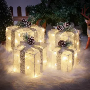 The Tower of Ivory Set of 4 Christmas Lighted Gift Boxes Pre Lit Warm White LED Present Set with 3 AA Battery Operated Timer Mode for Holiday Indoor Outdoor Decorations