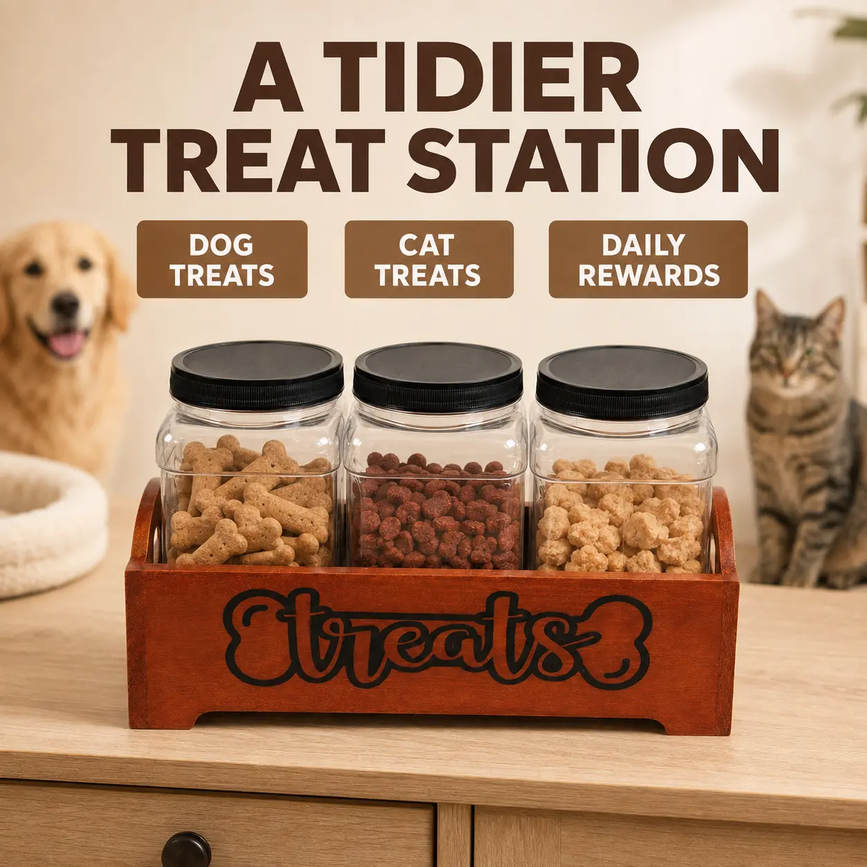 3-Jar Pet Treat Storage Organizer with Wooden Treats Holder and Black Screw-Top Lids