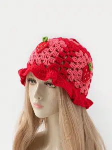 Women's Bohemian Handmade Crochet Strawberry Fisherman Hat, Hollow Out Ruffle Knit Cap, Breathable Foldable Hip-Hop Casual Hat