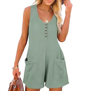 Women's Short Jumpsuits Solid Color Summer Casual Button Front Sleeveless Rompers with Pockets Summertok New Fashion