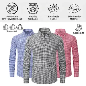 【3PCS】Men's plaid shirt; casual daily breathable long-sleeved stretch button-down collar men's coat. camisas  mangalarga  para  hombres Menswear Top