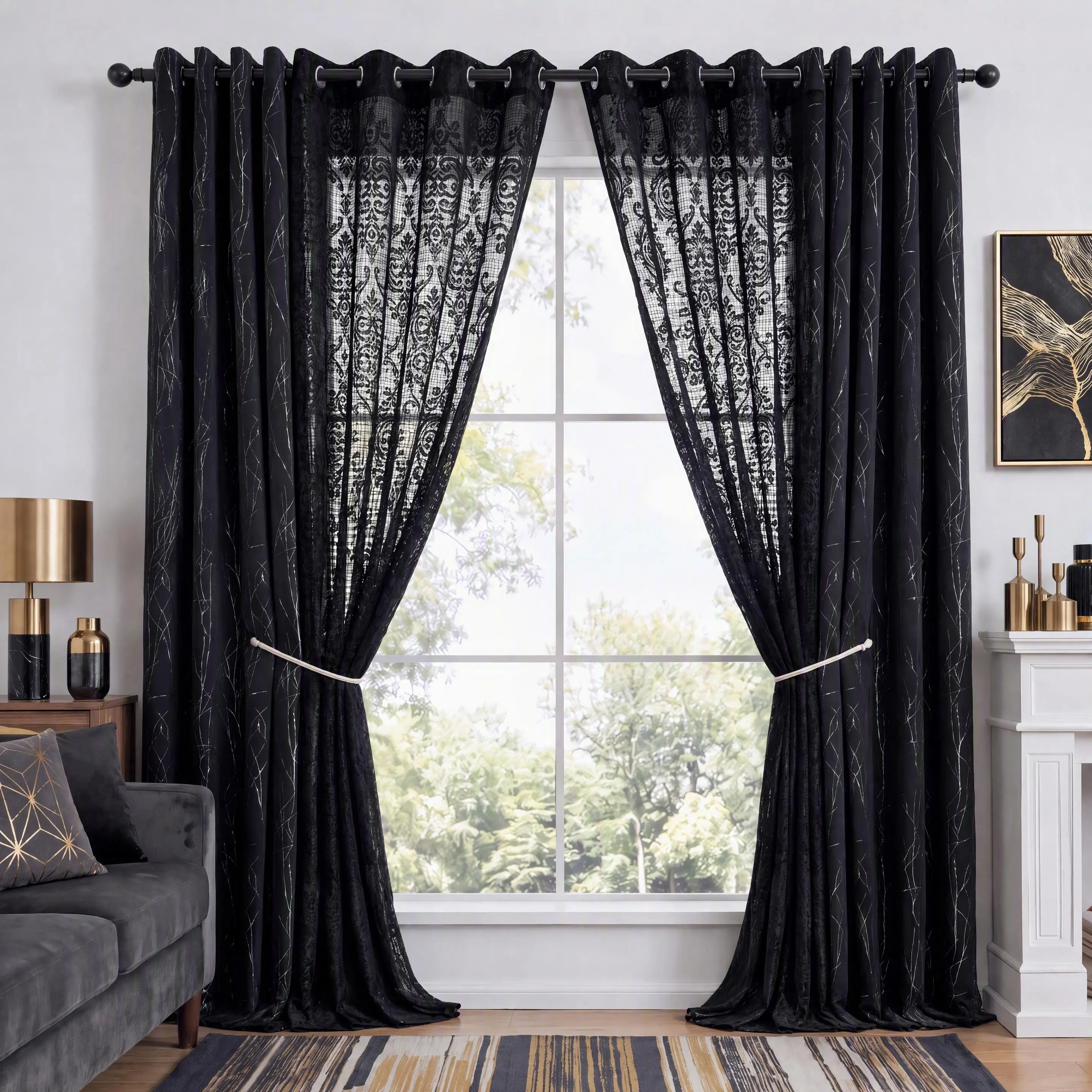 Ornate 4-Panel Set Grommet Curtain Combo, 3D Silver Foil Tree Branch Blackout Panel + Grid Mesh Flocked Velvet Damask Semi-Sheer privacy Drapes, 52 in Machine Made for Bedrooms, QF900 GRH5, Black Friday Holiday Home Deals
