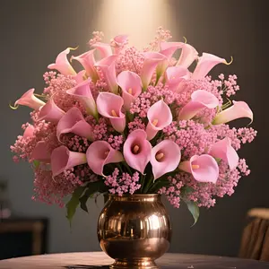 Artificial calla lilies in pink and baby's breath in pink, a perfect home decor bouquet set suitable for weddings, home and office arrangements, Mother's Day, and spring centerpiece decorations, made of plastic.