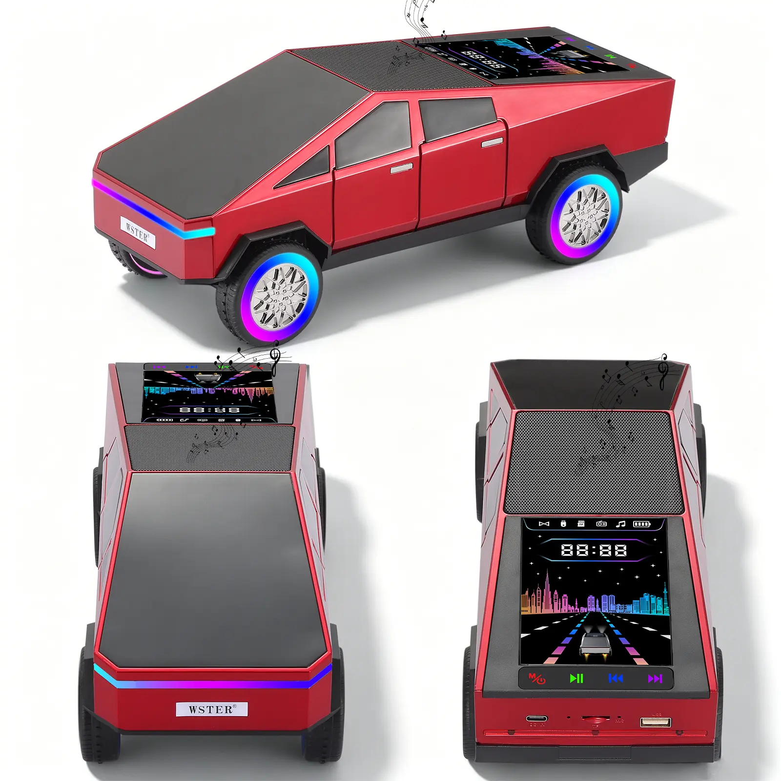 WSTER WS-580L Cybertruck Style Pickup Truck Model Bluetooth Speaker Rechargeable Portable Wireless Speaker USB TF FM True TWS Stereo Sound LED Lights Wireless Audio For Indoor Outdoor Parties Ideal Birthday Gift For Car Lovers, Father's Day, Yes, Portable