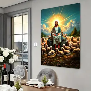 16x24in Elegant Framed Canvas Art - Vibrant Jesus Christ & Sheep Pastoral Scene, Waterproof Wooden Poster Frame, Vertical Wall Decor for Home, Bedroom, Office - Ready to Hang,Spiritual Wall Art |   Religious Artwork | Decoration Ornaments Artistic Print