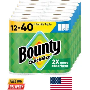 Bounty Quick-Size Paper Towels, White, 12 Family Triple Rolls = 40 Regular Rolls, Super Absorbent