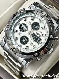 Multifunctional Business Watch, Polished Silver Color Round Case, Dial Triple Eye Dual Display, Waterproof Steel Band, Unique Design, Quartz Wristwatches