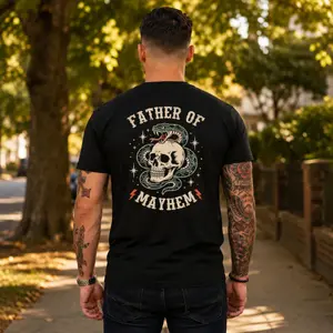 Father Of Mayhem Skull Snake Biker Graphic T-Shirt, Cotton Comfort Tee, Edgy Fatherhood Fashion Outfit, Oversized Vintage Biker Tee, Ideal Father’s Day Gift for Him, Tough Dad Present