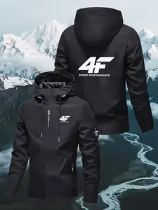 Men's Full-Season Zip Hooded Jacket with 4f Logo, Breathable Windproof Outdoor Shell Layer, Long Fitted Hiking Coat for Spring & Fall