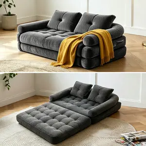 1-3 Seater Folding Convertible Sofa Bed, Boneless Pull-Out Sleeper Sofa with Pillows, Tufting Corduroy Upholsted Foldable Floor Couch Comfy Lounge with High Resilience & High Density Foam for Small Space Living Room Bedroom, Black, Gray, White