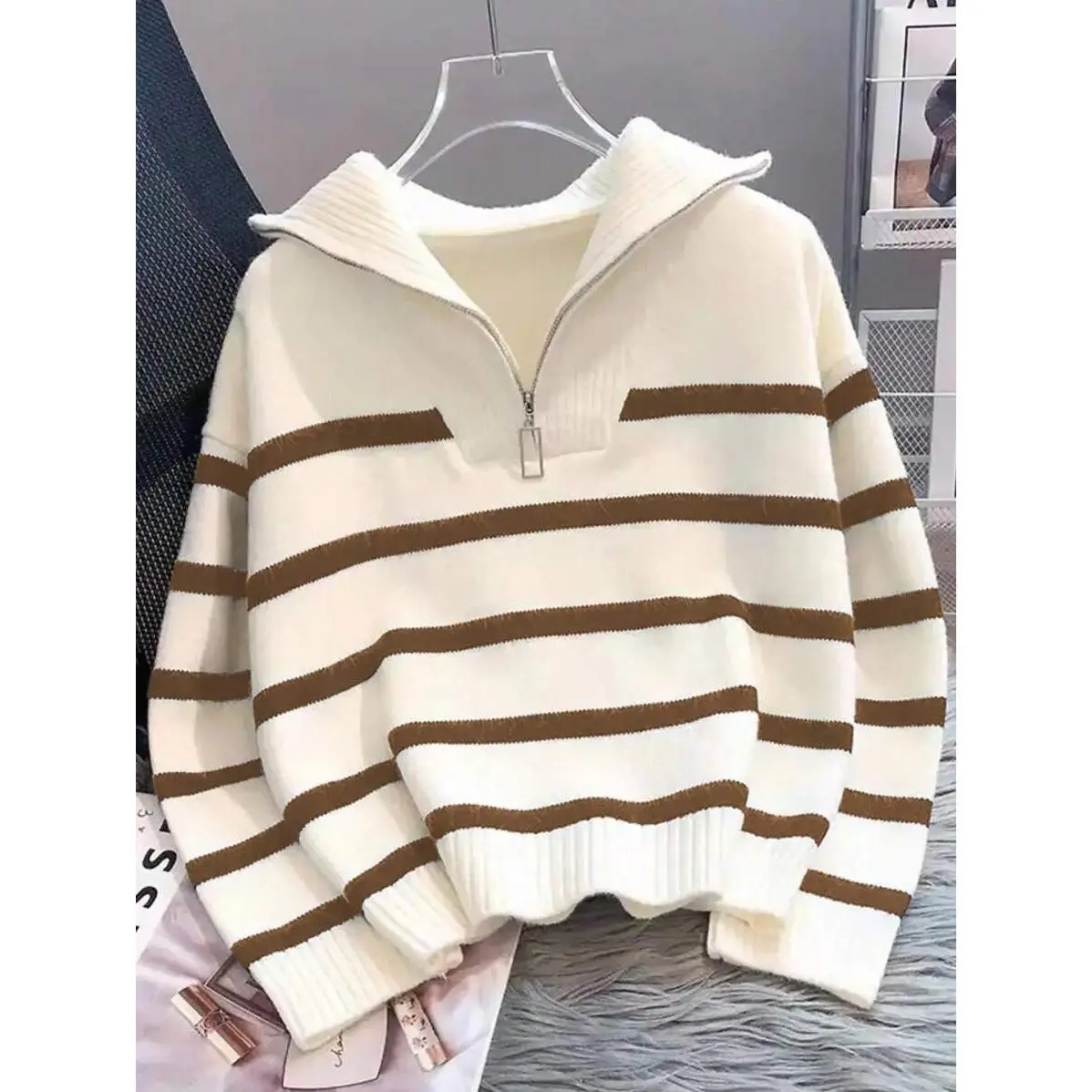 New Autumn/Winter Women Striped Zipper Turtleneck Sweater, Fashion Minimalist Pullover Classic Style,Long Sleeve Tops