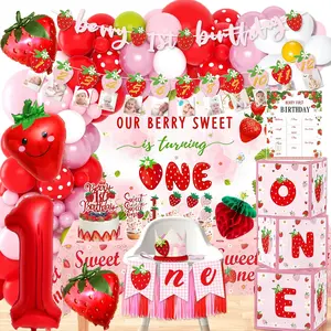 Berry first birthday decor strawberry 1st birthday decorations for girls sweet one birthday party decorations kit cake topper high chair banner strawberry theme backdrop party decor