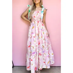 Pink Floral Print Knotted Shoulder Smocked Maxi Dress