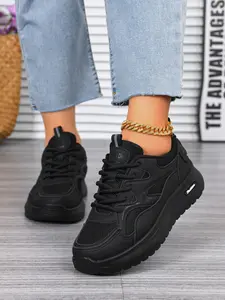 2026 New Women's Fashion Comfortable Solid Color Mesh Patch Laces Thick Sole Shoes, Casual Daily Wear, Versatile Commute Sports Shoes