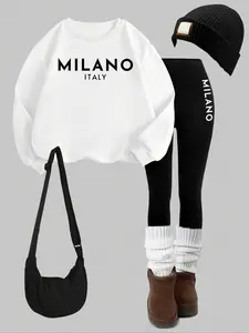 Women's 2-Piece Sweatshirt Set, Milan Letter Print, Round Neck Long Sleeve, Fitted Bottoms, Casual Fall Winter