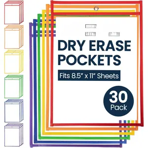 - 30 Pack, Assorted, Dry Erase Pocket Document Protectors,10" Wide x 13.5" Tall - Dry Erase Clear Plastic Sleeves -  & Easy Erase Plastic Invoice Holders, Water-Resistant & Durable