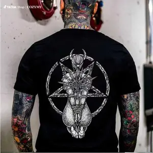 Goat Skull Pentagram Occult Tshirt, Aesthetic Tatoo Outfits, Streetwear Style, Retro Vintage Men Graphic Tees