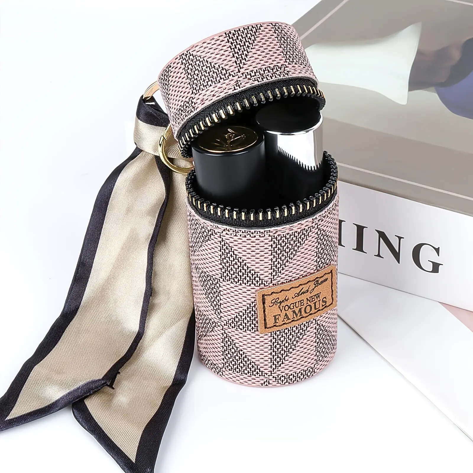 2 Pack Lipstick Cases, Cute Style Leather Travel Make-up Bags for Women, Portable Makeup Organization for Purse with Keychain, Travel Cosmetic Bags, Cute Style Make-Up Bags