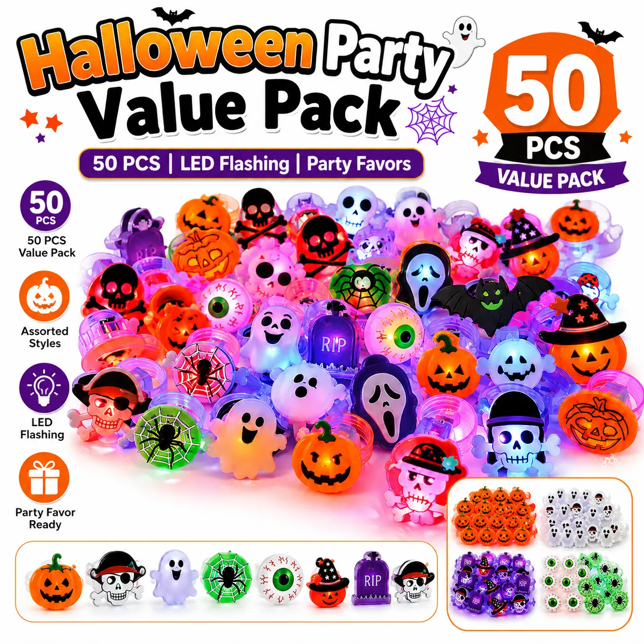 Glow Halloween Rings 50 Pack - Flashing LED Party Favors for Kids, Halloween Bag Fillers, Light Up Toy Rings for Goody Bags, Mini Spooky Gifts