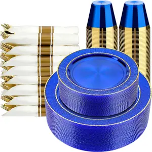 350 count Clear Blue Plastic Plates for 50 Guests, Disposable Dinnerware Set for Party and Graduation, Includes 100 Plastic Plates, 50 Pre Rolled Napkins with  Silverware, 50 Cups
