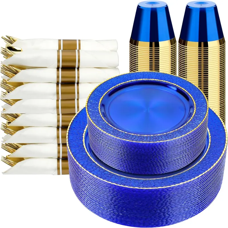 350 count Clear Blue Plastic Plates for 50 Guests, Disposable Dinnerware Set for Party and Graduation, Includes 100 Plastic Plates, 50 Pre Rolled Napkins with  Silverware, 50 Cups