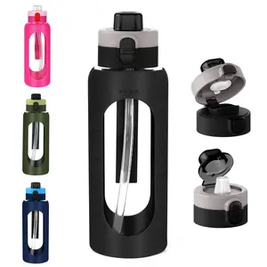 ANOTION 40OZ Glass Water Bottle, Large Sports Water Bottle with Dual-Drink Lid Clear Leakproof Glass Bottles with Straw, Motivational Jug with Silicone Sleeve and Time Marker for Travel Gym-Black