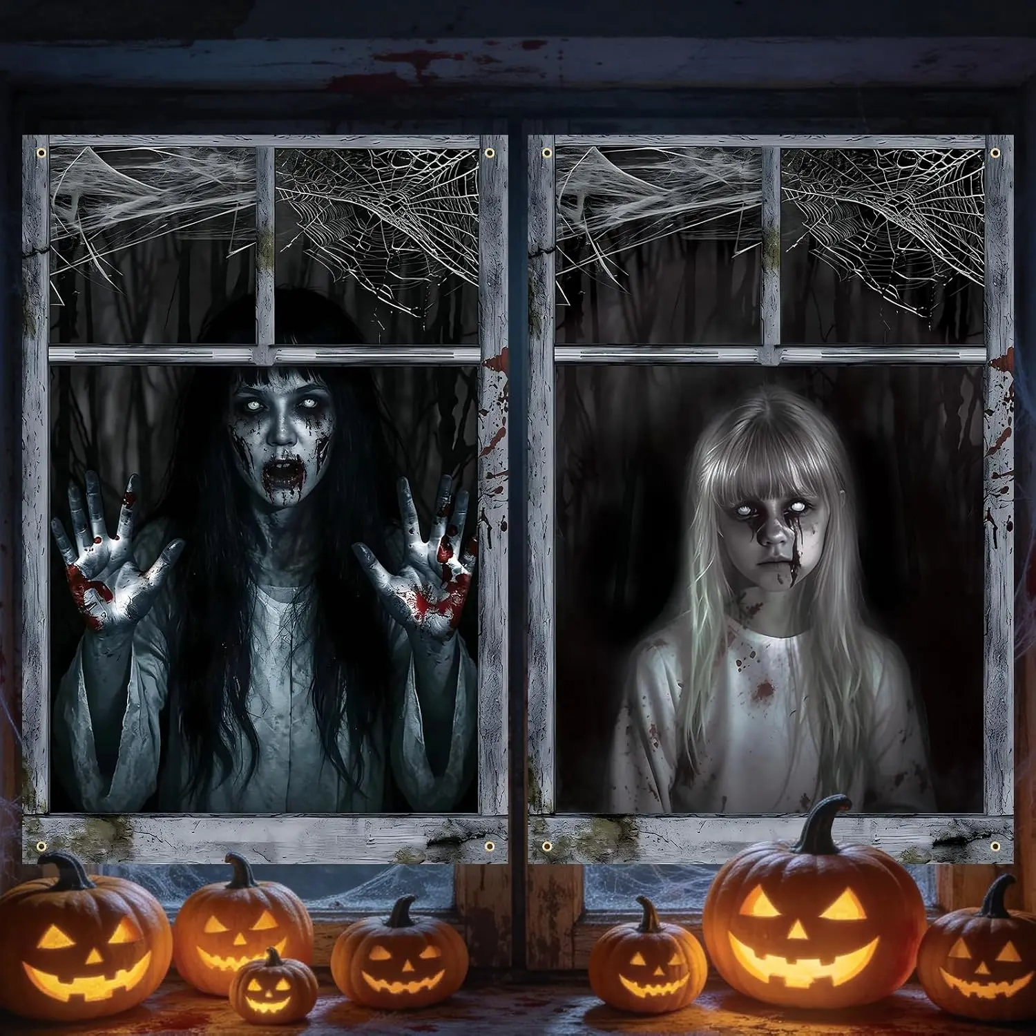 2 Pack Halloween Window Curtain Cover – Scary Bloody Ghost Window Poster 47 × 31.5 Inches Haunted House Window Decorations for Halloween Party Indoor Outdoor Wall Door Décor