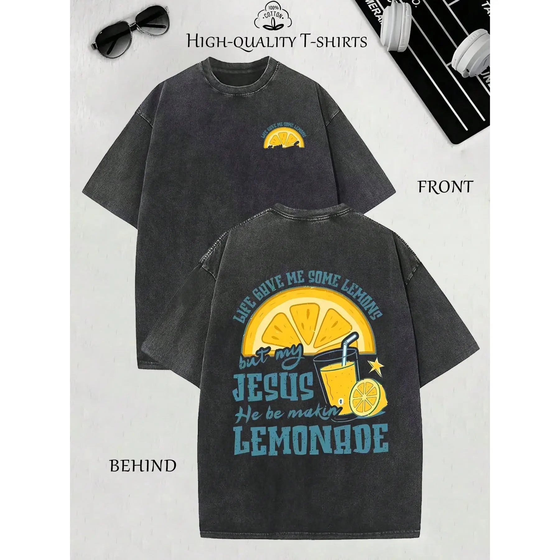 Summer Outfits For Women: Men's Heavy Vintage Lemonade Print T-Shirt - Oversized Vintage Lemon And Jesus Lemonade Design On The Front And Back, Distressed Wash Short-Sleeve T-Shirt, Casual Summer Lemonade Stand Theme,