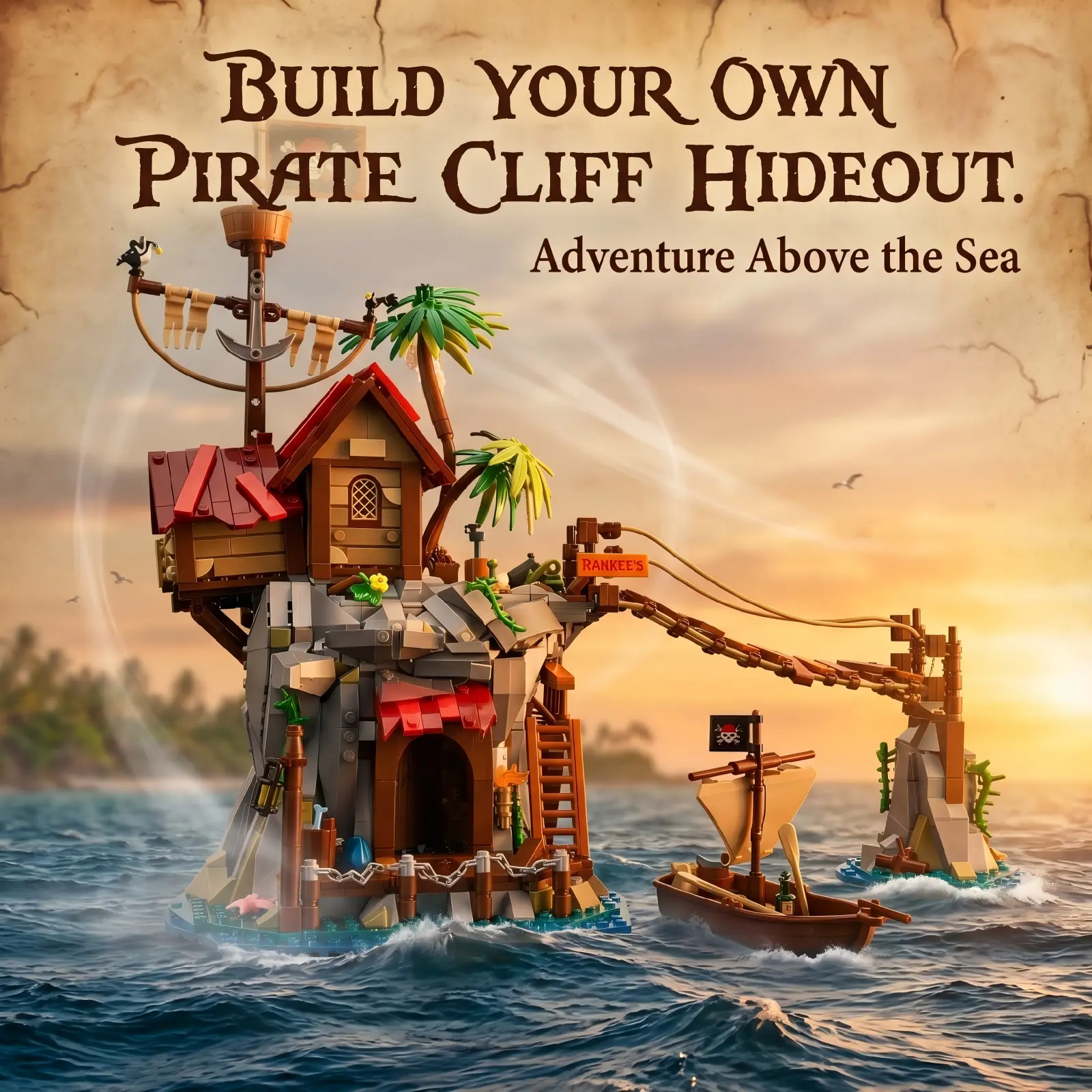 Pirate Cliffside Hideout Building Set, 1044-Piece ABS-Infused Bricks & Parts Kit with Cabin, Suspension Bridge, STEM Learning Unisex DIY Building Block, DIY Playset, Authentic Detail Architecture Model Toy Gift