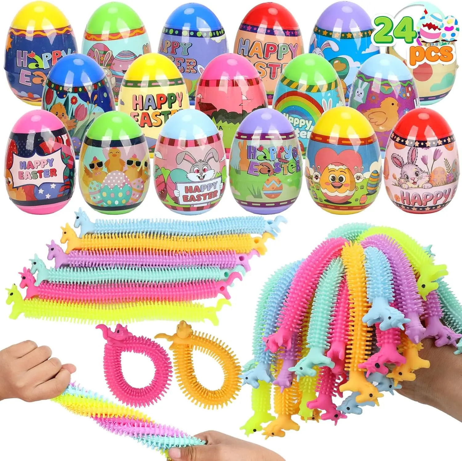 24-Pack Prefilled Easter Eggs with Stretchy String Toys Inside, Easter Basket Stuffers for Kids, Classic Capsule Toy Party Favors for Egg Hunts, Easter Egg Prefilled