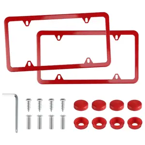 2 PCS Red License Plate Covers with Bolts, Washers, and Caps for US Vehicles - Stainless Steel License Plate Frames, 4-Hole Slim Design