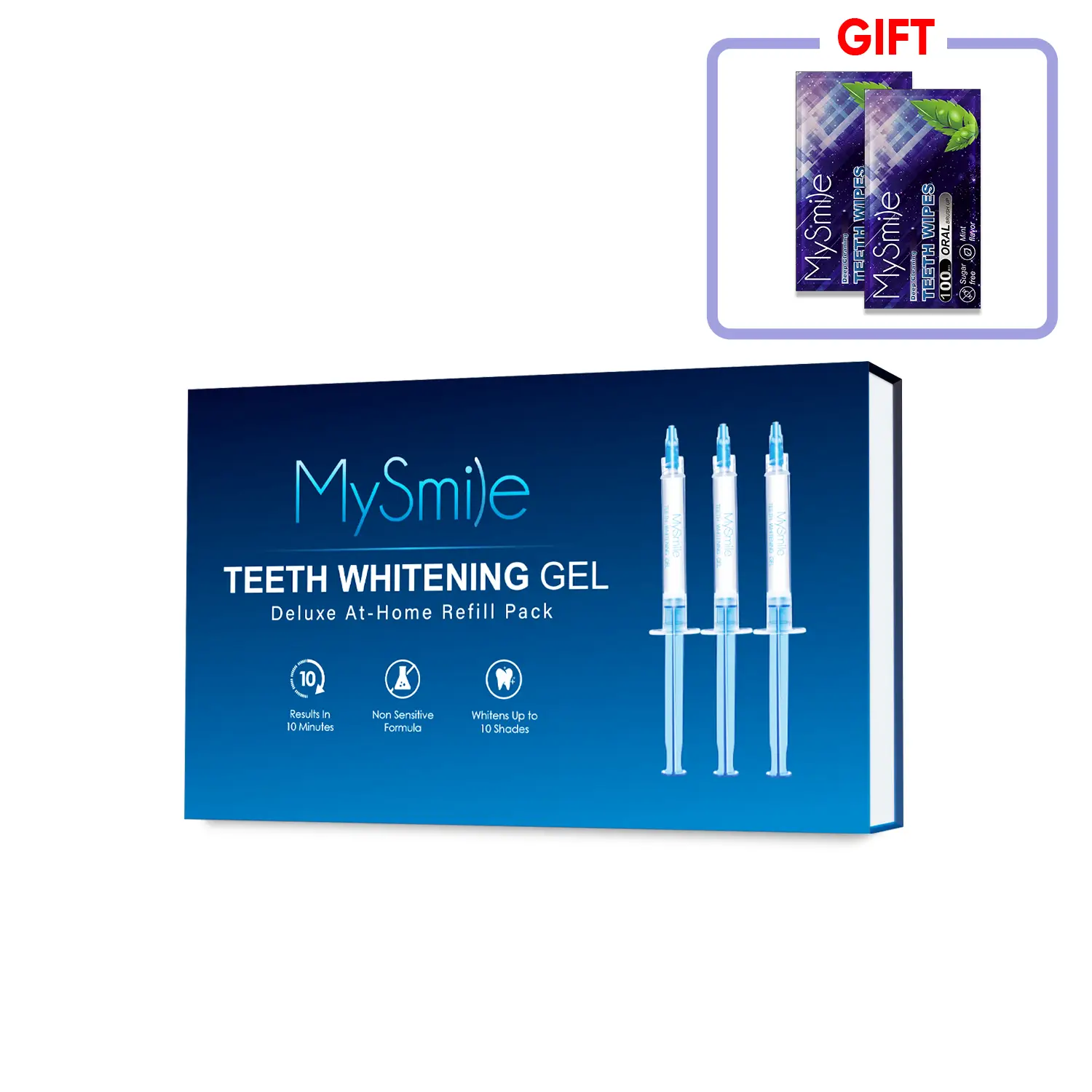 MySmile Teeth Whitening Gel Pen Refill Pack - 3 Non-Sensitive Pens with 2 Free Wipes, Carbamide Peroxide Formula, Alcohol-Free, 10ml Each, 10 Min Fast