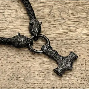 Nordic Viking Leather Necklace Woven Hammer Celtic Wolf Head Necklace Men's Long Jewelry
