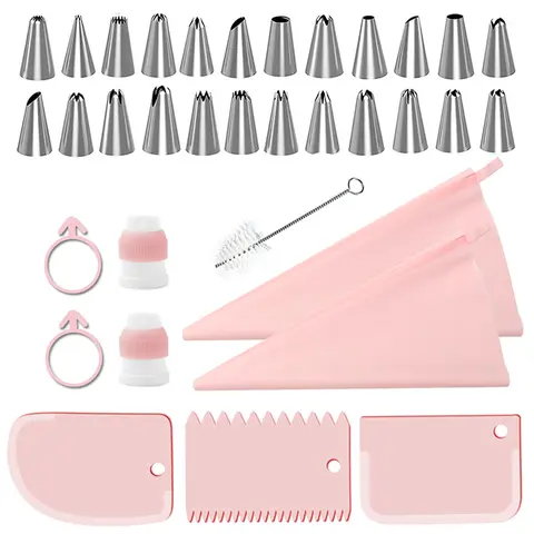 34-Piece Beginner-Friendly Smooth Pro Silicone Bake Decorating Kit - Plastic Reusable Buttercream Pastry Bags, 24 Stainless Steel Piping Tips, Couplers, Scrapers, Tip Swap Tools for Bakers, Baking Classes, Cupcakes