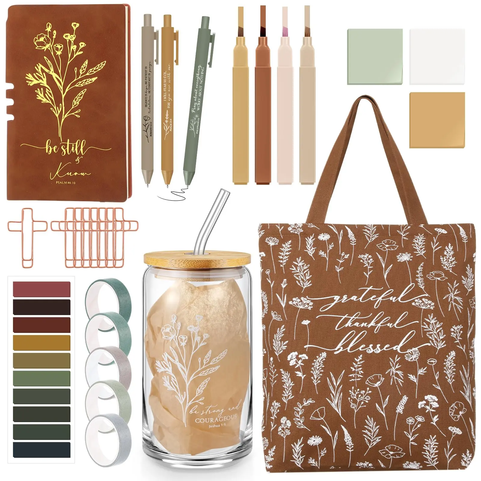 29 Pcs Bible Journaling Kit 16 oz Glass Cup Canvas Bag Leather Notebook Highlighters and Pens Sticky Note Tapes Back to School Gift Bible Study Supplies for Teacher Women Men