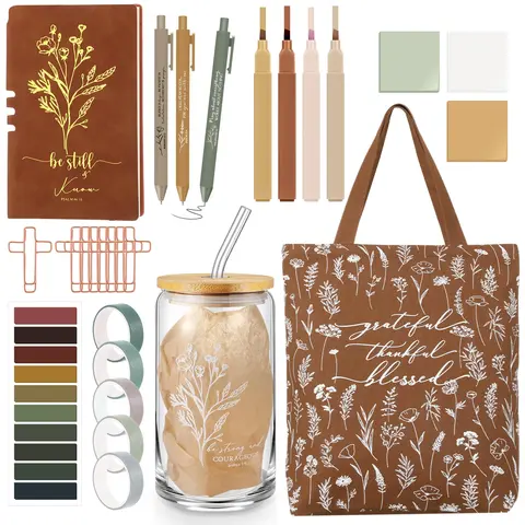 29 Pcs Bible Journaling Kit 16 oz Glass Cup Canvas Bag Leather Notebook Highlighters and Pens Sticky Note Tapes Back to School Gift Bible Study Supplies for Teacher Women Men