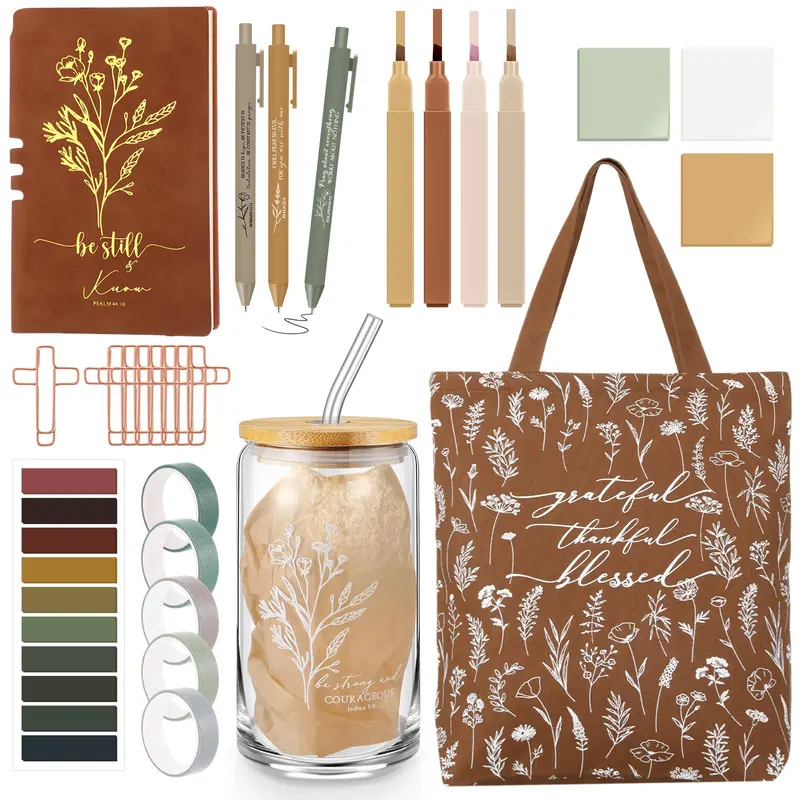 29 Pcs Bible Journaling Kit 16 oz Glass Cup Canvas Bag Leather Notebook Highlighters and Pens Sticky Note Tapes Back to School Gift Bible Study Supplies for Teacher Women Men