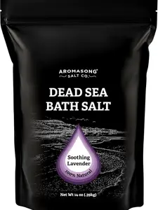 AROMASONG Dead Sea Bath Salt, 14oz 100% Natural Organic Lavender Body Care, Calming Detoxifying Cleanser for Acne Relief & Dry Skin Soothing Cleansing Body Wash, Skin Repair, 24 Months