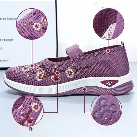 OFIREND Women's Stylish Retro Chic Low Top Ankle Slip On Embroidered Casual Trainers - Light Purple Knit Footwear, Round Toe, Floral Embroidery, Soft Braid Detail, Breathable Fabric, All Seasons Daily Walking Shoes