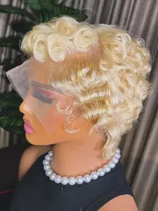 613 Blonde 13x4 Transparent Lace Front Wigs, Glueless Frontal Wigs, Human Hair Pixie Cut Short Bob, Loose Wave, Preplucked, Curly Style, Women's Fashion
