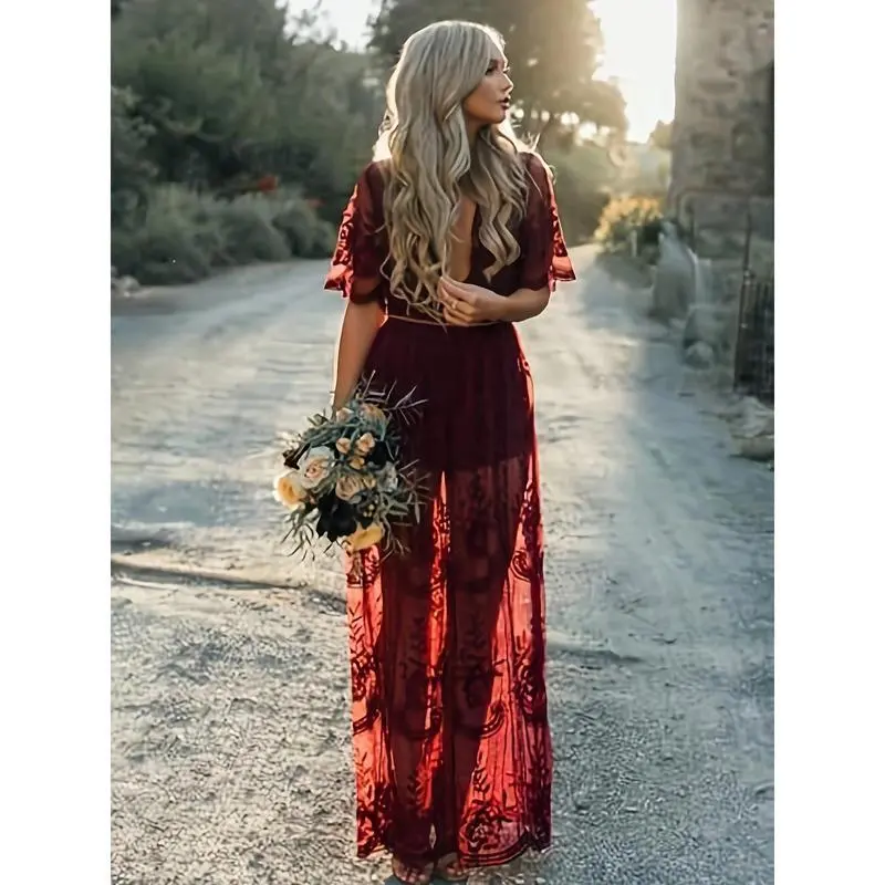 women's deep v neck lace romper short sleeve long dress Women's Deep V-Neck Lace Romper
