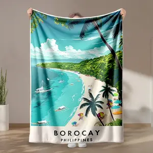 1 piece Seaside Scenery of Boracay Island, Philippines themed flannel blanket - All-season comfortable flannel blanket in modern style, suitable for sofas and beds, digital printing, super soft and warm, 100% polyester material, machine washable