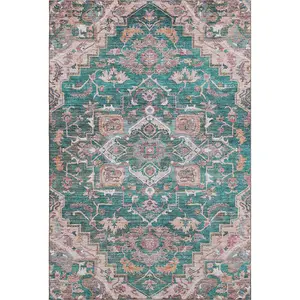 HomeRoots 664744 10 x 14 ft. Emerald Beige & Teal Floral Medallion Washable Machine Made Rectangle Area Rug with UV Protection, Two-Toned Area Rugs