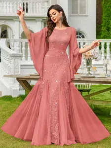 Miusol 24438A Women's Lace Tulle Sparkly Sequin Formal Evening Mermaid Hem Maxi Dress