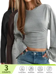 Solid Color Basic Casual Batwing Sleeve Crop T-Shirt for Women, Long-Sleeve Top for Spring & Summer, Relaxed Fit, Spring Fashion, Minimalist Style, Easy Care, Soft Fabric, Versatile Blouse, Women's Tshirt, Womenswear