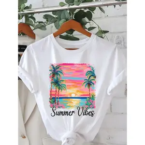 Summer Vibes Sunset Palm Tree Graphic Tee Casual Crewneck Short Sleeve Soft Cotton Feel Streetwear Vacation Beach Outfit