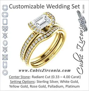 CZ Wedding Set, featuring The Victoria engagement ring (Customizable Bezel-set Radiant Cut Semi-Halo Design with Prong Accents)